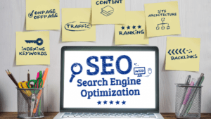 SEO Search Engine Optimization on a laptop display