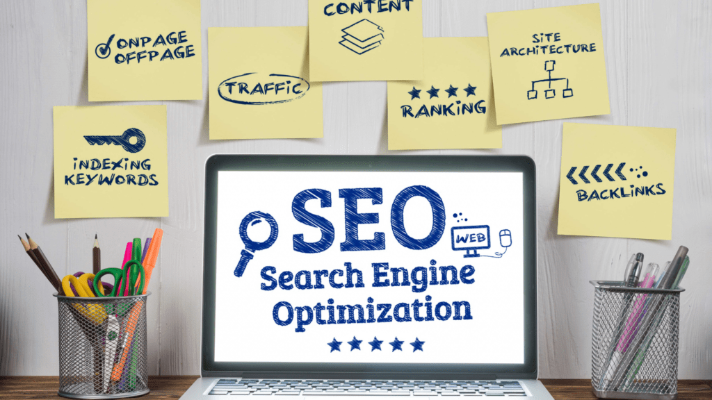 SEO Search Engine Optimization on a laptop display