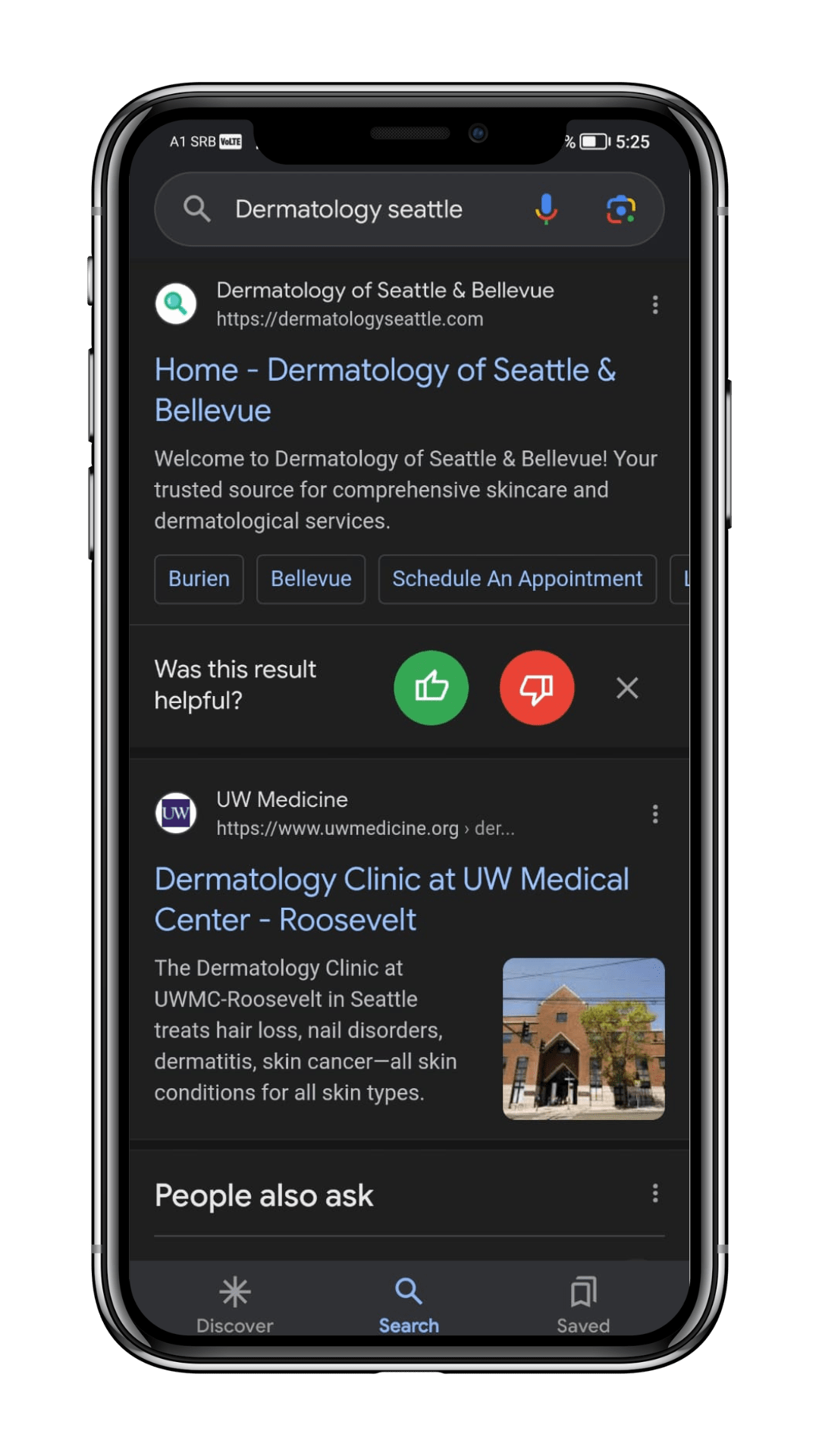 Dermatology Of Seattle & Bellevue search on Google shown on the mobile device