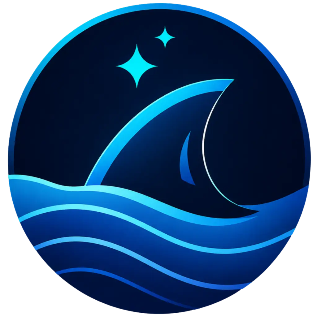 Blue circular icon with crescent moon, stars, and waves