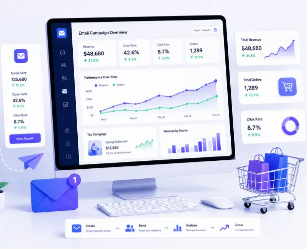 Email Campaign Overview dashboard with charts, envelope, and shopping cart
