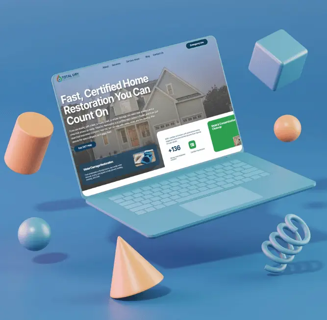 Laptop displaying TOTAL DRIP home restoration website with floating shapes