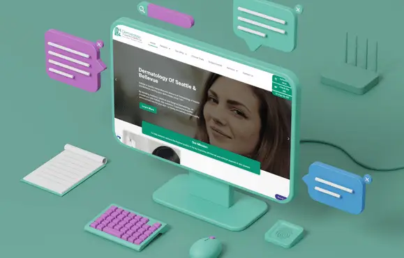 Desktop monitor showing a dermatology website with colorful chat bubbles