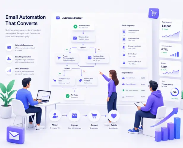Email automation dashboard illustration with workflows, analytics, and marketing icons