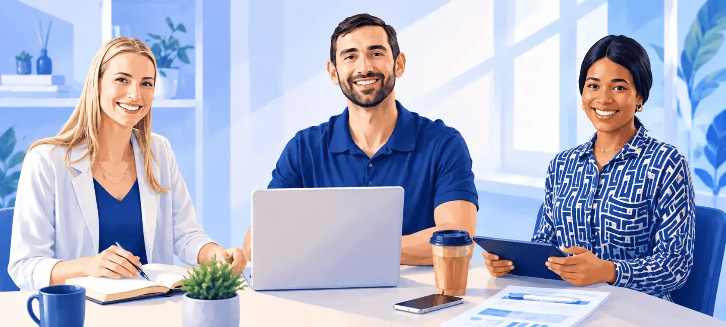 Three smiling professionals seated at a meeting table