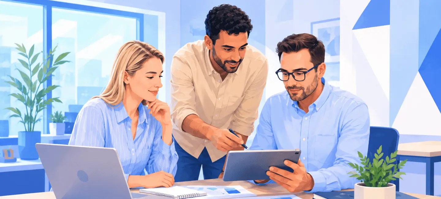 Three coworkers reviewing a tablet at an office desk