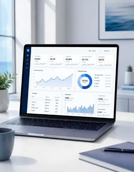 Laptop displaying analytics dashboard on a bright office desk