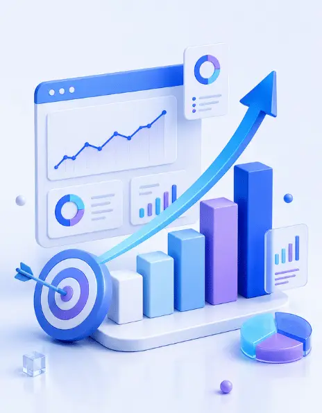 3D analytics dashboard with rising arrow, bar chart, and target