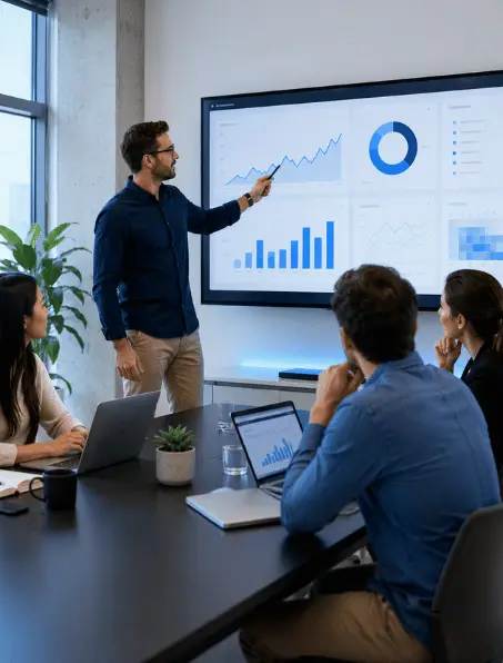 Man presenting business analytics charts to colleagues in a meeting