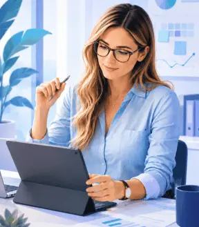 Woman with glasses working on a tablet at a desk