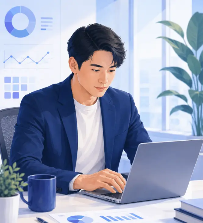Man in blue blazer working on a laptop in office