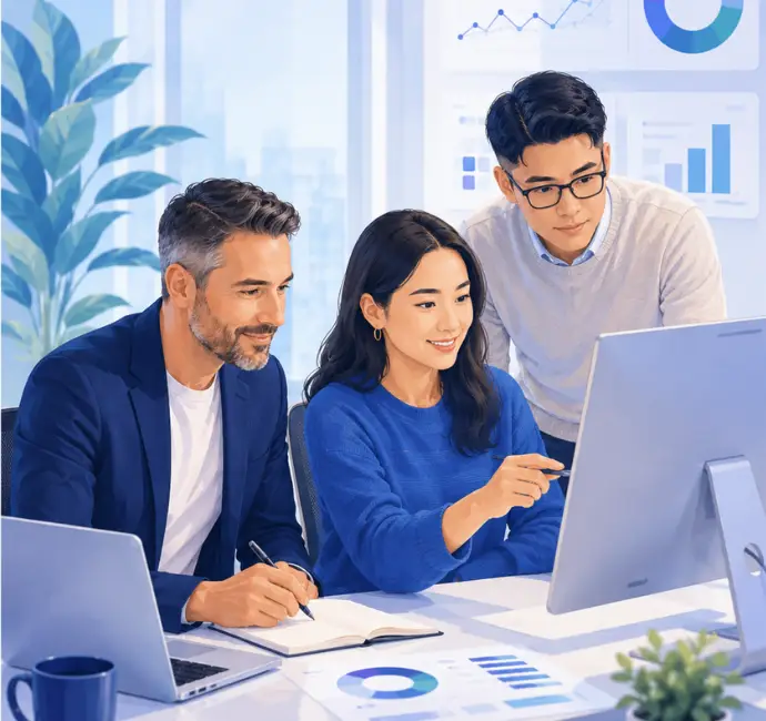 Team reviewing analytics charts on a desktop computer