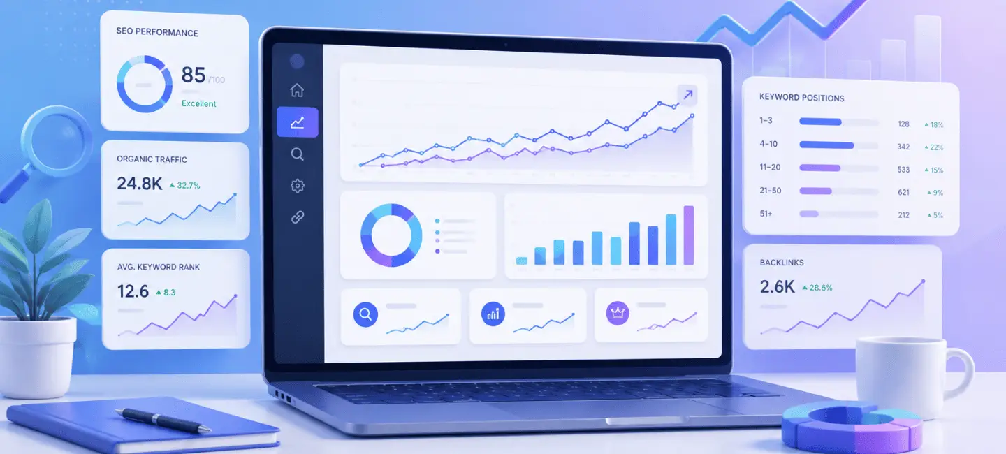 Laptop displaying SEO analytics dashboard with charts and metrics