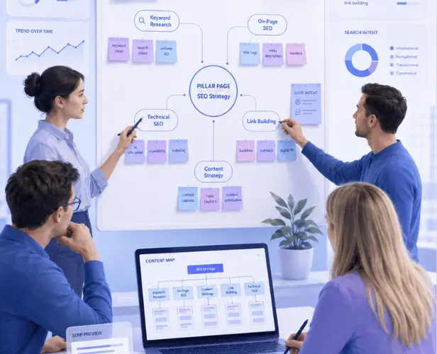 Team reviewing a pillar page SEO strategy whiteboard