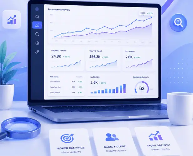 Laptop displaying an SEO performance dashboard with charts and metrics