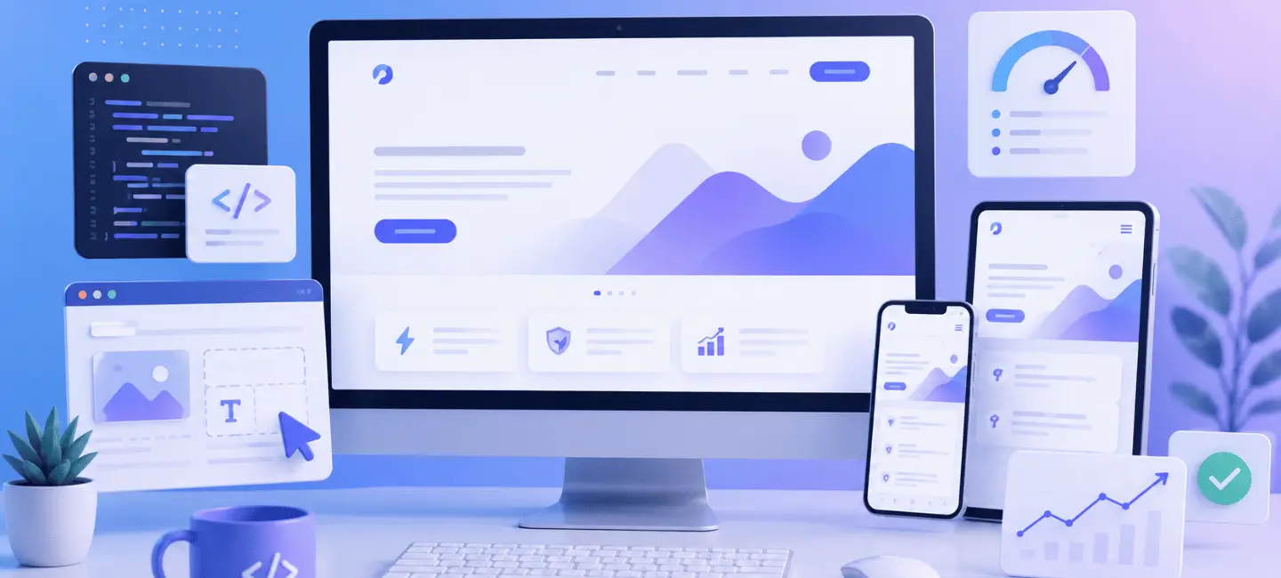 Web development dashboard mockups on desktop and mobile screens