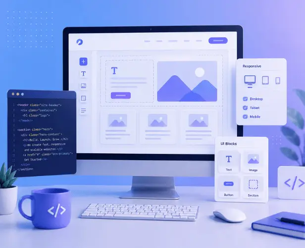 Web development workspace with responsive UI design on monitor