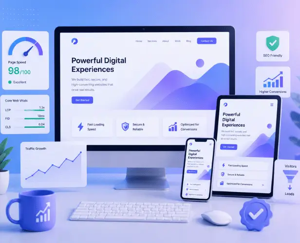 Web development dashboard on desktop, tablet, and phone