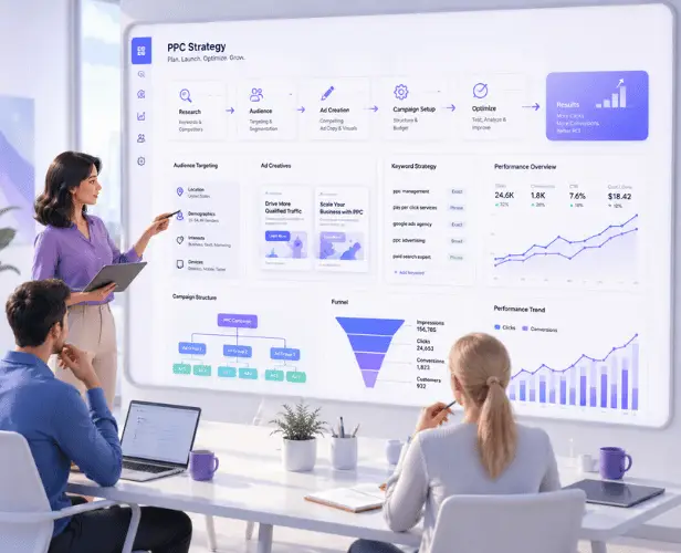 Team reviewing a PPC Strategy dashboard with charts and metrics
