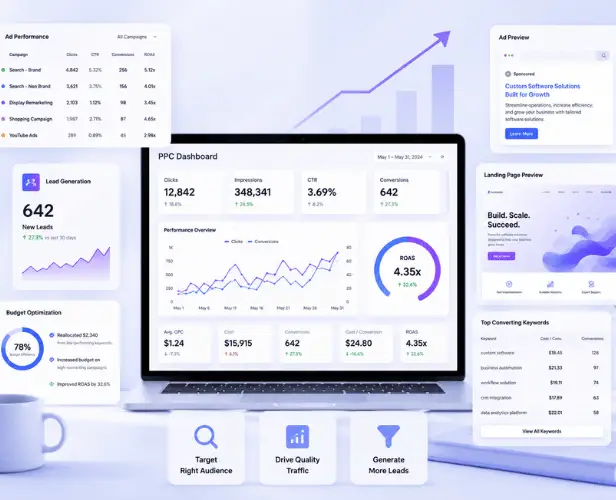 PPC Dashboard on laptop with ad performance analytics cards