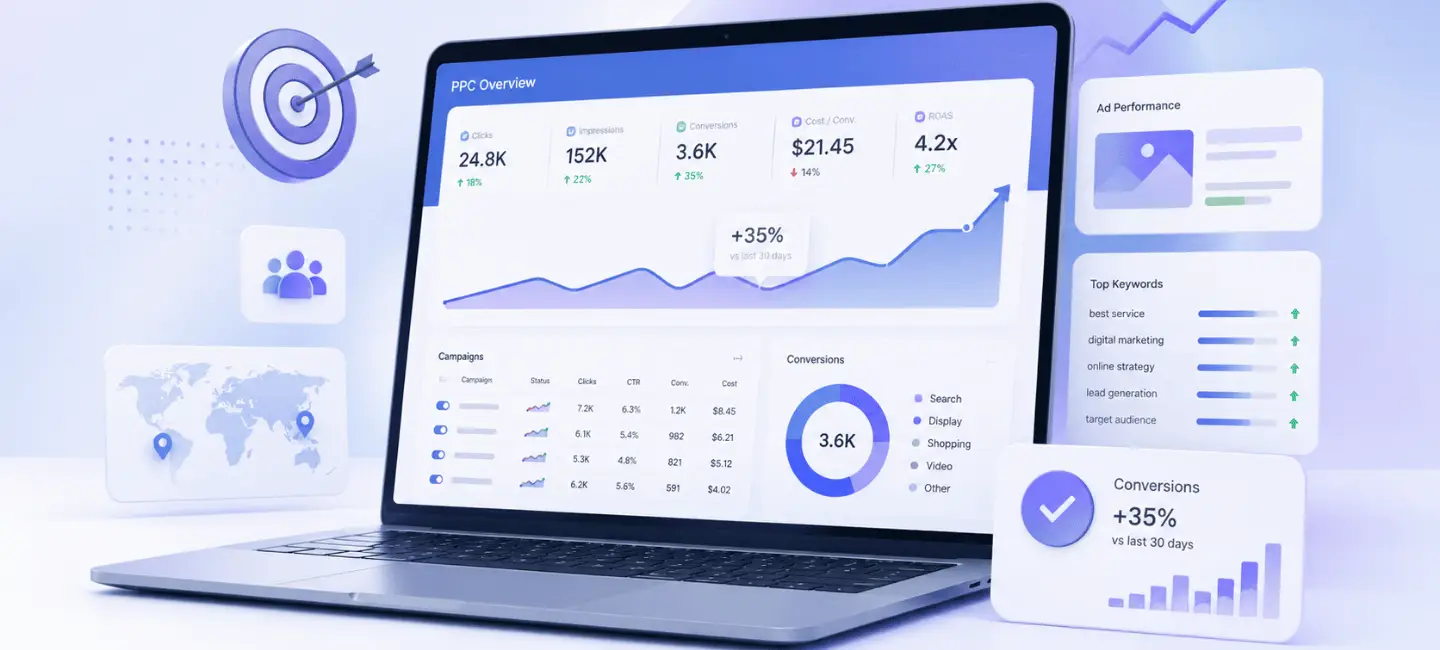 Laptop showing PPC analytics dashboard with charts and metrics