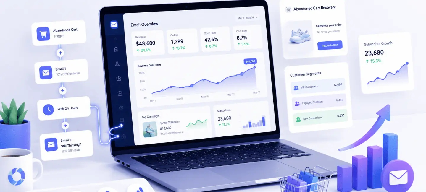 Laptop displaying email marketing dashboard with automation workflow cards